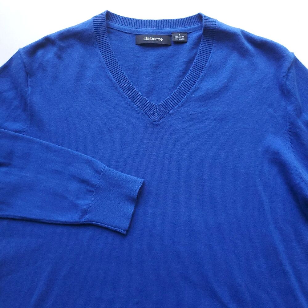 Mens Blue V Neck Sweater Size Small Cotton Cashmere Pullover Claiborne